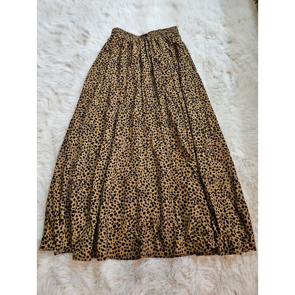BLUETIME Womens Leopard Print Maxi Skirt Elastic Waist Brown Black Siz-M